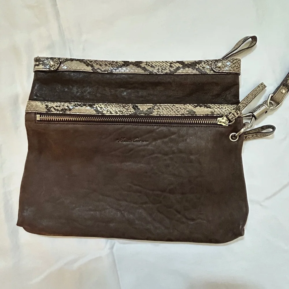 Kenneth Cole New York Leather Wristlet Clutch Brown Snake Print Fold‎ Over